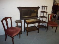 A COLLECTION OF ITEMS COMPRISING A WOTNOT, AN OVERMANTLE MIRROR, TWO ANTIQUE CHAIRS AND AN OAK TABLE