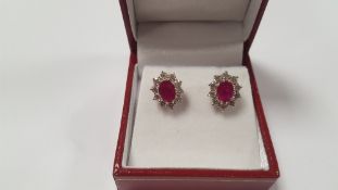 A PAIR OF 18 CT WHITE GOLD RUBY AND DIAMOND CLUSTER STUDS, RUBIES APPROX. 1.9 CT, DIAMONDS APPROX. 1