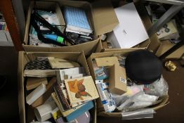 FOUR BOXES OF MAINLY NEW ITEMS TO INCLUDE ICE CUBE TRAYS, PHONE CASES, COAT HANGERS ETC.