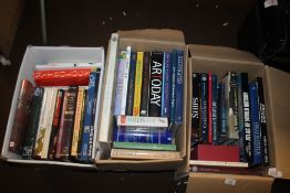 THREE BOXES OF MISCELLANEOUS BOOKS TO INCLUDE HISTORY AND ANTIQUE REFERENCE BOOKS