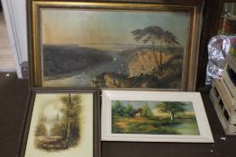A FRAMED LANDSCAPE TOGETHER WITH TWO OIL PAINTINGS OF RURAL SCENES
