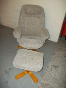 A FABRIC RECLINER SWIVEL CHAIR AND FOOTSTOOL