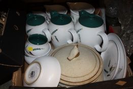 A TRAY OF DENBY GREEN WHEAT, PORTMEIRION JUGS ETC.