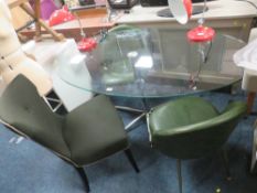 A MODERN GLASS TOPPED OVAL DINING TABLE ON CHROMED SUPPORT, H 74 cm, W 160 cm, TOGETHER WITH THREE
