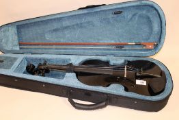 A CASED MODERN FORENZA BLACK VIOLIN AND BOW