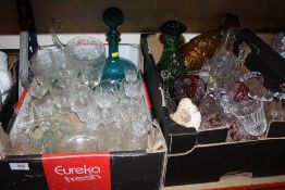 TWO TRAYS OF ASSORTED CUT GLASS, MEXICAN STYLE FIGURATIVE DECANTERS ETC.