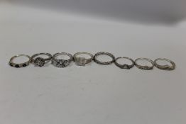EIGHT SILVER DRESS RINGS TO INCLUDE GEM SET EXAMPLES, APPROX WEIGHT 16.6G