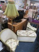 A WICKER BEDROOM CHAIR, OTTOMAN, MIRROR AND A STANDARD LAMP (4)