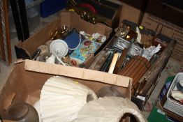 THREE BOXES OF ASSORTED HOUSEHOLD SUNDRIES TO INCLUDE CLOCKS, LAMPS, PICTURE FRAMES ETC.