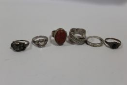 SIX SILVER DRESS RINGS TO INCLUDE GEM SET EXAMPLES, APPROX WEIGHT 28.8G