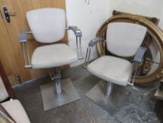 TWO RETRO STYLE BARBERS CHAIRS ON SWIVEL CHROME BASES