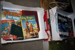 A BOX OF VINTAGE COMICS AND ANNUALS TOGETHER WITH A TRAY OF CAR MAGAZINES, A BOX OF BOARD GAMES ETC.