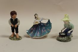 THREE ROYAL DOULTON FIGURES COMPRISING RIVER BOY HN2128, FRODO HN2912 AND GOLD STAMPED ELAINE