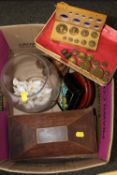 A BOX OF COLLECTABLES TO INCLUDE SMALL BRASS WEIGHTS, TEA CADDY A/F ETC.