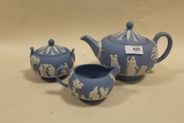 A BLUE WEDGWOOD JASPERWARE 3 PIECE TEA SERVICE