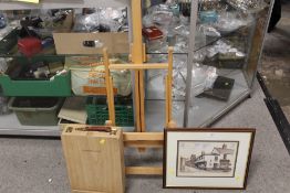 A SMALL ARTISTS EASEL, TOGETHER WITH AN ARTISTS BOX AND A LOCAL INTEREST PRINT OF CHURCH LANE