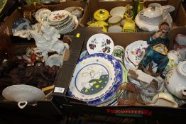 FOUR TRAYS OF ASSORTED CERAMICS AND FIGURES TO INCLUDE A LARGE WAX FIGURE OF MARY AND JESUS, ROYAL