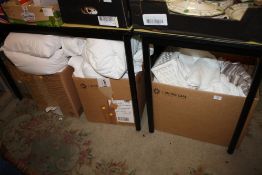 TWO BOXES OF EX SHOW HOME BEDDING TO INCLUDE DUVETS AND PILLOWS, TOGETHER WITH A BOX OF TOWELS (3)