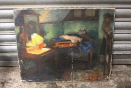 A VINTAGE OIL ON CANVAS DEPICTING AN INTERIOR SCENE WITH FIGURE - SIGNED VERSO
