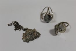 A SILVER PENDANT ON CHAIN, LOCKET RING AND ANOTHER (3)