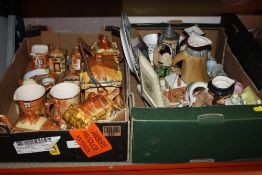 A TRAY OF COTTAGE SHAPED TEA WARE TOGETHER WITH A TRAY OF ASSORTED CERAMICS TO INCLUDE COALPORT