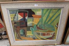 AFTER ANDRE L'HOTE (1885-1962) - ABSTRACT DOCKLAND SCENE WITH BOATS COLOURED PRINT ON BOARD