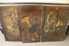 A SET OF THREE UNFRAMED OILS ON BOARD DEPICTING HUNTING TROPHIES