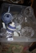 A BOX OF CUT GLASS FRUIT DISHES ETC. TOGETHER WITH TWO BLUE AND WHITE TEAPOTS