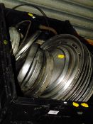 A BOX OF AUTOMOBILIA TO INCLUDE HUB CAPS ETC