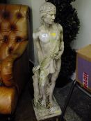 A GARDEN STATUE OF A MALE FIGURE LEANING ON A TREE STUMP H - 103 CM