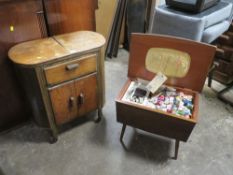 A DECO STYLE OAK DRINKS CABINET / TROLLEY, H 71 cm, TOGETHER WITH A RETRO SEWING BOX - BOTH A/F