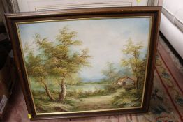 A FRAMED OIL ON CANVAS DEPICTING A WOODED LANDSCAPE WITH COTTAGE SIGNED CAFIERI