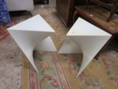 A PAIR OF UNUSUAL MODERN TRIANGULAR STOOLS / TABLES H 43.5 cm (2)