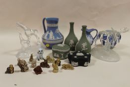 A COLLECTION OF WEDGWOOD JASPERWARE, WADE WHIMSIES AND TWO GLASS ANIMAL FIGURES ETC.