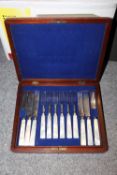 A MAHOGANY CASED SET OF MOTHER OF PEARL HANDLED KNIVES AND FORKS