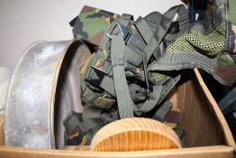 A BOX OF ASSORTED SUNDRIES TO INCLUDE CAMOUFLAGE WEBBING ETC.
