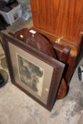 A VINTAGE BAGATELLE GAME TOGETHER WITH TWO WOODEN FOLDING TABLES AND AN OAK FRAMED PRINT
