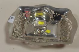 A LARGE HALLMARKED SILVER PIERCED TRAY WIDTH - 29CM APPROX, TOGETHER WITH A HALLMARKED SILVER FOOTED