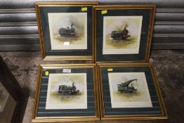 A SET OF FOUR SMALL FRAMED AND GLAZED RAILWAY INTEREST DAVID SHEPHERD PRINTS
