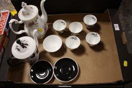 A TRAY OF ROYAL ALBERT MASQUERADE CHINA, TOGETHER WITH A ROYAL ALBERT MOSS ROSE COFFEE POT