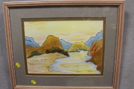 A FRAMED AND GLAZED WATERCOLOUR DEPICTING A MOUNTAINOUS RIVER SCENE SIGNED MAYNARD LOWER RIGHT