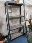 A MODERN INDUSTRIAL STYLE METAL AND WOODEN OPEN BOOKCASE ON WHEELS H 180 cm
