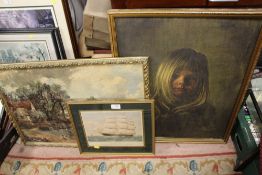 A VINTAGE FRAMED PEARSON PRINT OF A YOUNG GIRL, TOGETHER WITH A FRAMED PRINT OF A CLIPPER SHIP AND