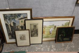 A FRAMED AND GLAZED PEN AND INK SKETCH OF AN INTERIOR SCENE WITH FIGURES TOGETHER WITH A PRINT OF