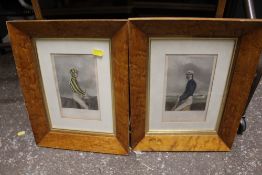 A PAIR OF MAPLE FRAMED HAND COLOURED ENGRAVINGS DEPICTING JOCKEYS (2)