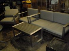 A GARDEN PATIO SET CONSISTING A TWO SEATED, TWO SINGLE CHAIRS AND A LOW TABLE