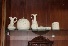 A COLLECTION BELEEK CERAMICS TO INCLUDE A BISCUIT BARREL, JUGS ETC. (6)