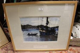 IAN MAGINNIS (XXI). Caribbean harbour scene with boats and figures 'Cambria & Tender Antigua 2004'