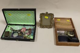TWO BOXES OF COLLECTABLES AND COSTUME JEWELLERY TO INCLUDE A BRASS CHERUBIC PICTURE FRAME