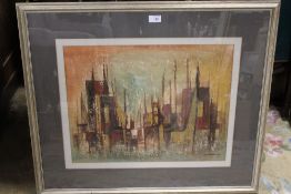 A FRAMED AND GLAZED JOHN BULLOCK PRINT ENTITLED CITY LANDSCAPE